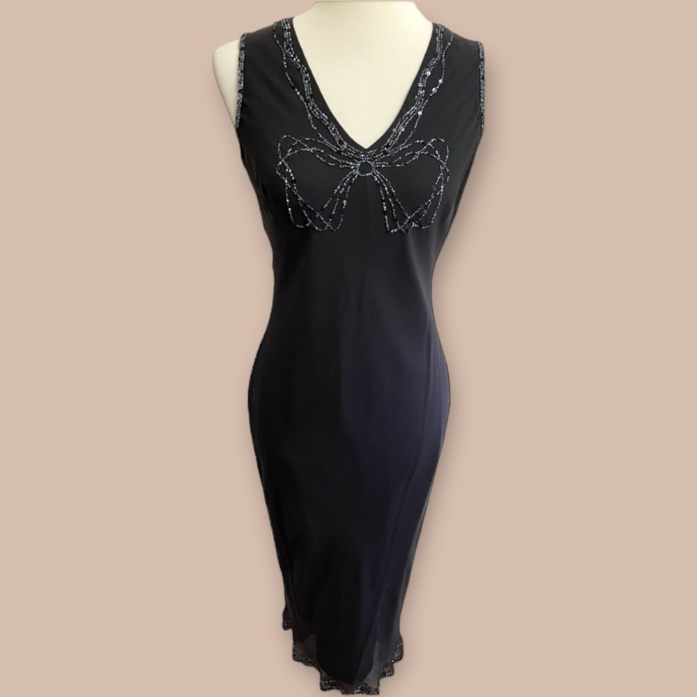 Bloomingdales Womens Dress Size 6 Black Midi Silk Sequined Beaded Bow Tie Party